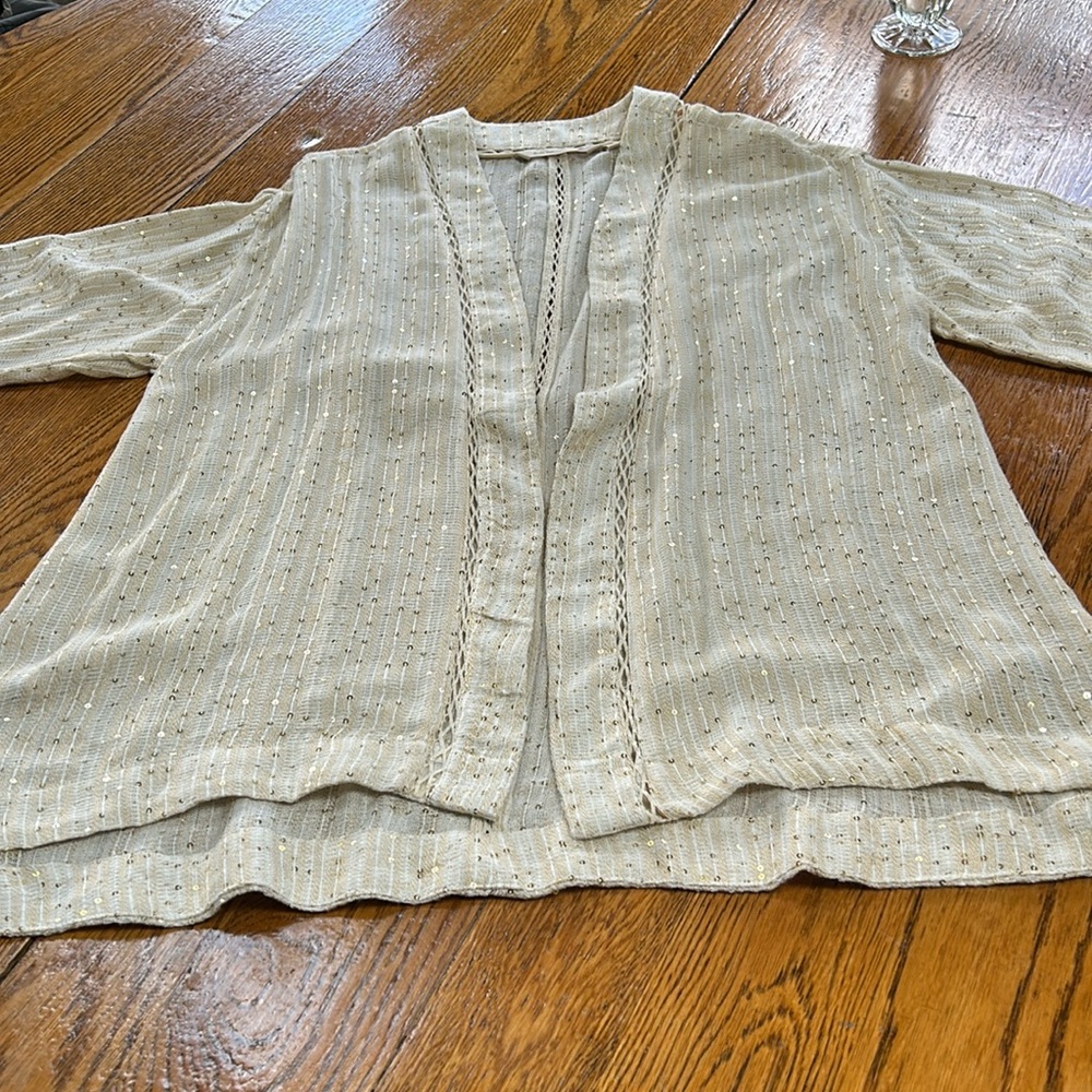 Soft Surrounding Glamour Topper gold sequin open front cardigan. Petite Small.